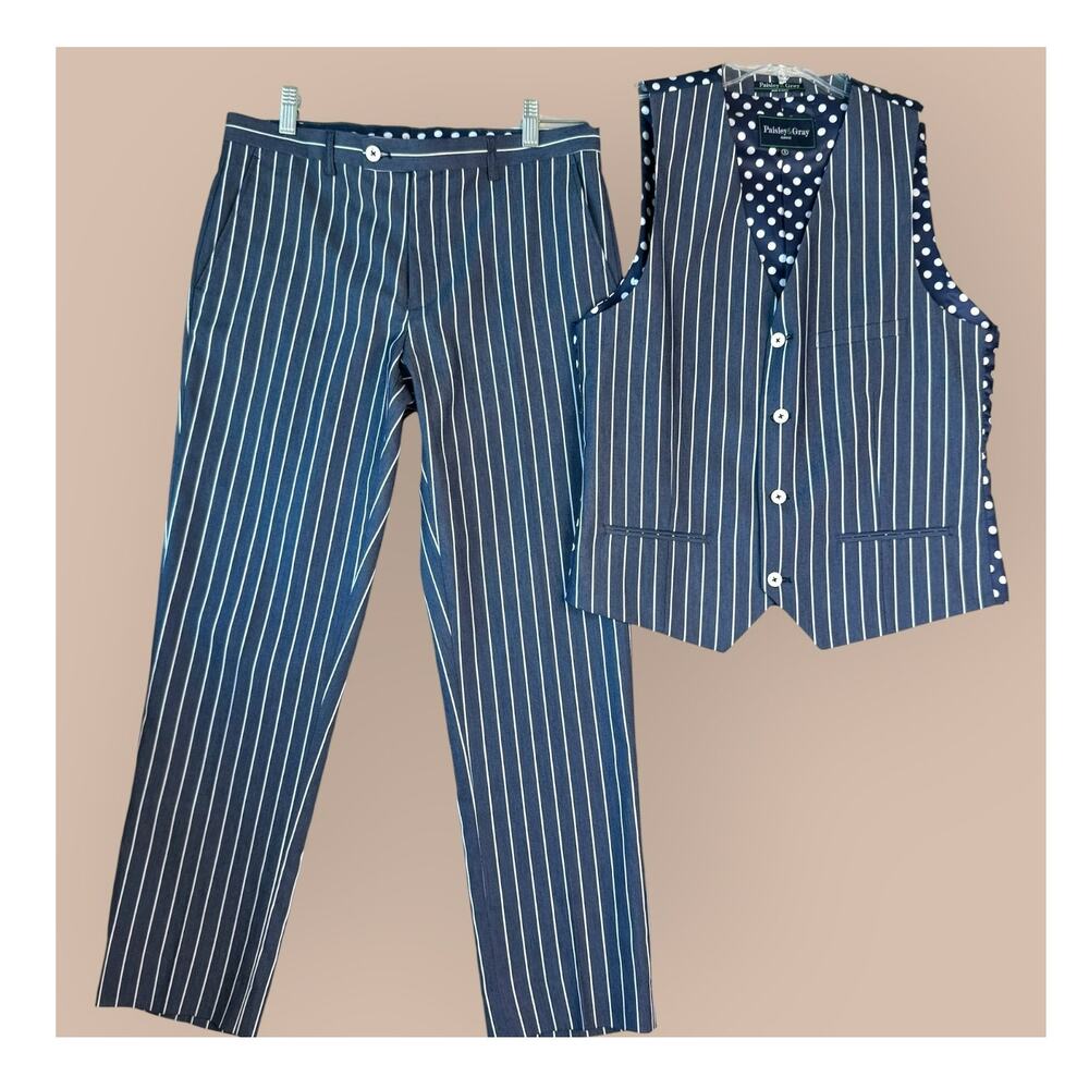 Paisley Gray Mens Slim Fit 2 Piece Suit Vest Pants Set Size S Blue White Stripes
